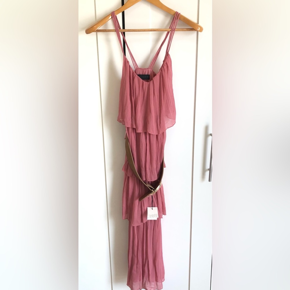 Zara Pink Marsala Belted Tiered Ruffled Dress